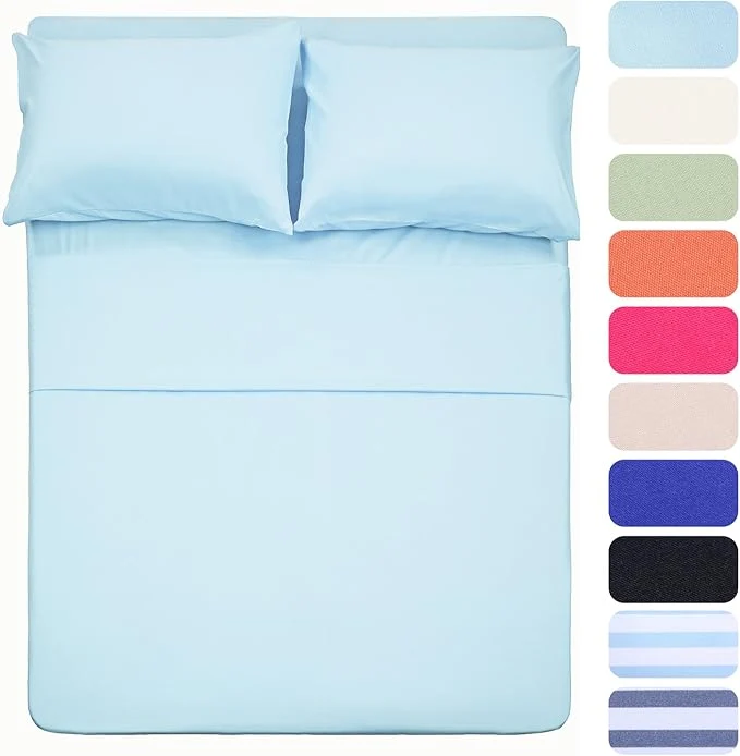 Secure 4 Piece Bed Sheet Set Queen Baby Blue 1 Flat Sheet 1 Fitted Sheet and 2 Pillow Cases Brushed Microfiber Luxury Bedding with Deep Pockets