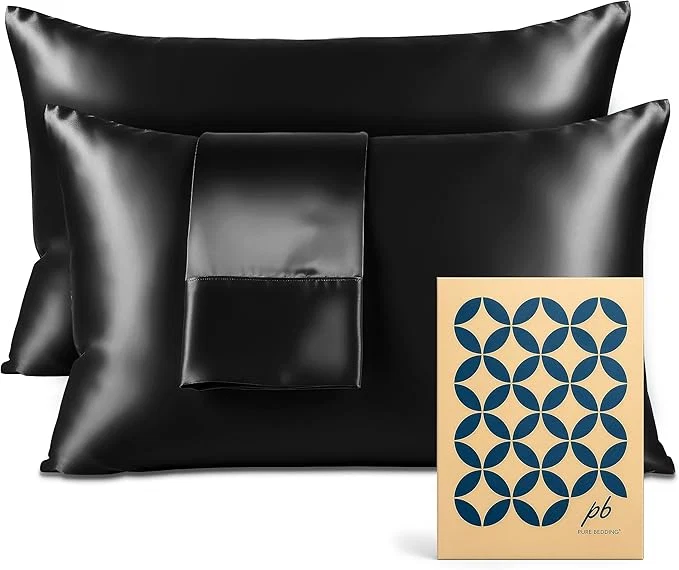 Enhanced Pure Bedding Satin Pillowcase 2 Pack - Queen Size 20 quot x30 quot Black - Silky Pillow Cases for Hair and Skin - Satin Pillow Covers with Envelope Closure - Extra Soft Premium Microfiber Durable