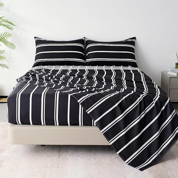 Pure Season Stripe Bed Sheets Set 3 Piece Super Soft Microfiber Bedding-Deep Pocket Ultra Soft Fade amp Wrinkle Resistant Twin Size Black amp White User-Friendly