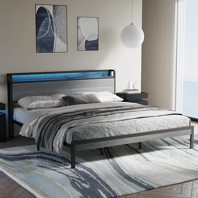 Reusable LIKIMIO King Size Bed Frame Storage Headboard with LED Lights and Charging Station Metal Platform Bed No Box Spring Needed Noise Under Bed Storage Charcoal Gray Flexible