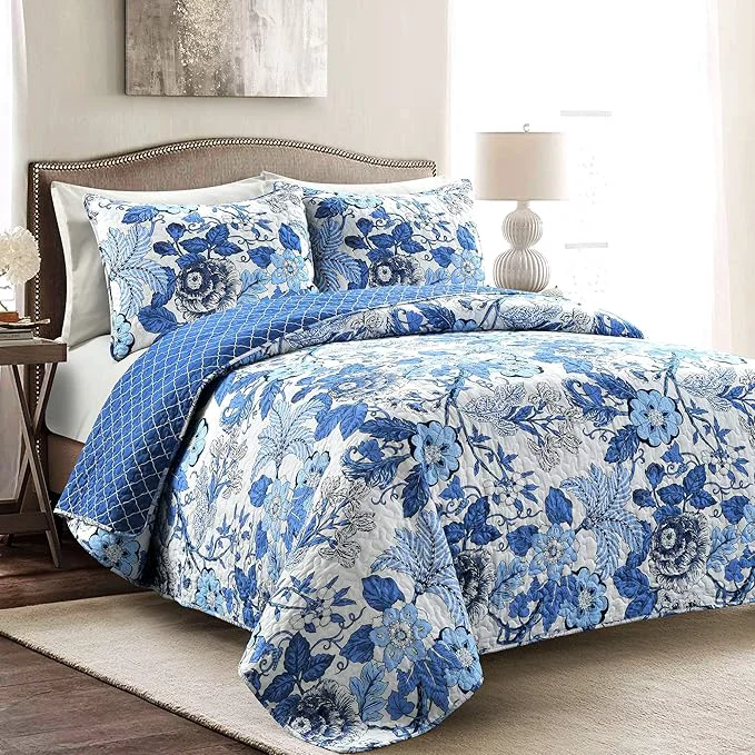 Long-Lasting Lush Decor Sydney Reversible Cotton Quilt Set 3 Piece Set Full Queen Navy amp White - Cotton Bedding Set - Navy Floral Quilt - Cottage Decor - Bedding Queen Size Stylish