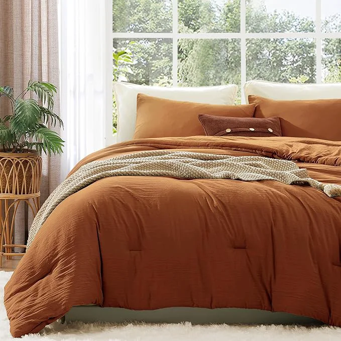 Clean WRENSONGE King Size Comforter Set - 3 Pieces Prewashed Burnt Orange Soft Lightweight Bedding for All Seasons Fluffy Down Comforter King Size with 2 Pillow Shams Professional