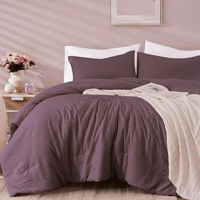 Breathable WRENSONGE King Size Comforter Set - 3 Pieces Deep Purple Comforter Prewashed Soft Lightweight for All Seasons Fluffy Down Comforter King Size with 2 Pillow Shams Original