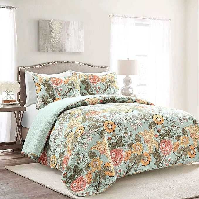 Breathable Lush Decor Sydney Reversible Cotton Quilt Set 3 Piece Set King Blue amp Green - Cotton Bedding Set - Blue Floral Quilt - Cottage Decor - Bedding King Size Versatile
