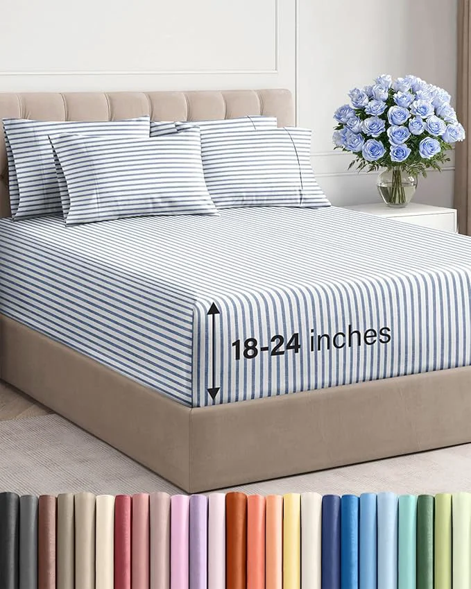 Elite Extra Deep Full Sheet Set - 6 Piece Breathable and Cooling Sheets - Hotel Luxury Bedding for Women Men Kids amp Teens - Easy amp Secure Fit - Soft and Wrinkle - Extra Deep Pockets - Blue Stripes Safe