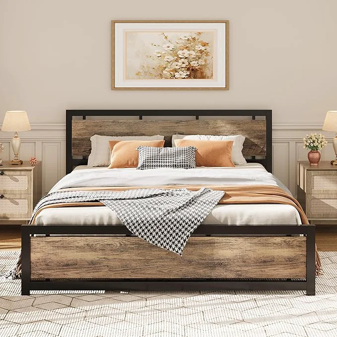 Expertly Made LIKIMIO California King Bed Frame with Headboard and Footboard Metal Strong Supports Easy Assembly Noise- No Box Spring Needed Walnut Long-Lasting