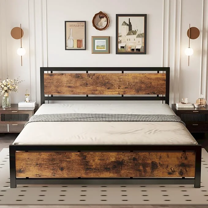 Fashionable LIKIMIO California King Bed Frame with Headboard and Footboard Metal Strong Supports Easy Assembly Noise- No Box Spring Needed Vintage Brown Carefully Designed