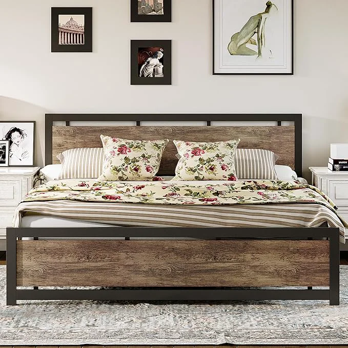 Practical LIKIMIO King Bed Frame with Headboard and Footboard Metal Strong Supports Easy Assembly Noise- No Box Spring Needed Walnut Official