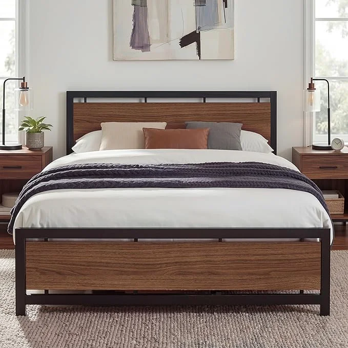 Fine Crafted LIKIMIO King Bed Frame with Headboard and Footboard Metal Strong Supports Easy Assembly Noise- No Box Spring Needed Dark Walnut Soft