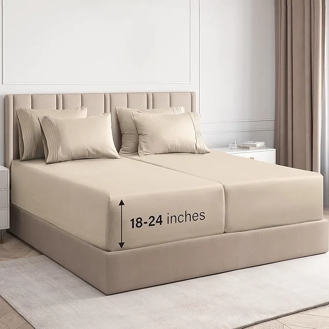 High-Performance Extra Deep Split King Sheet Set - 7 Piece Breathable and Cooling Sheets - Hotel Luxury Bedding for Women Men Kids amp Teens - Easy Secure Fit - Soft Wrinkle amp Comfy - Extra Deep Pockets - Cream Elite