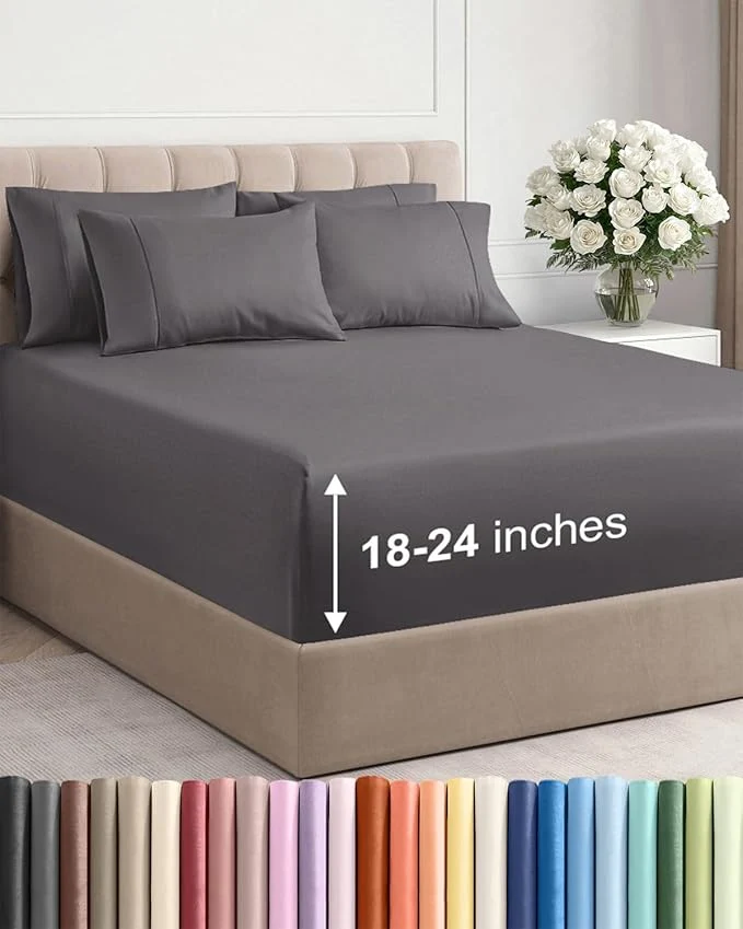 Pure Extra Deep Cal King Sheet Set - 6 Piece Breathable and Cooling Sheets - Hotel Luxury Bedding for Women Men Kids amp Teens - Easy amp Secure Fit - Soft Wrinkle and Comfy - Extra Deep Pockets - Grey Exceptional