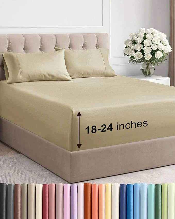 Exceptional Extra Deep Twin Sheet Set - 4 Piece Breathable and Cooling Sheets - Hotel Luxury Bedding for Women Men Kids amp Teens - Easy amp Secure Fit - Soft Wrinkle and Comfy - Extra Deep Pockets - Beige Trusted