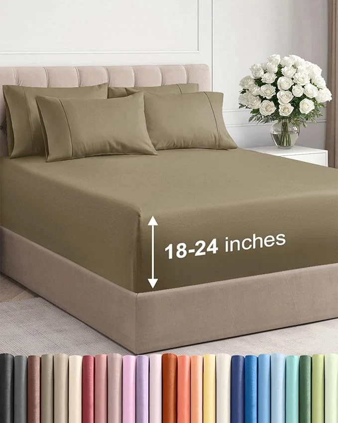 Relaxed Extra Deep Full Sheet Set - 6 Piece Breathable and Cooling Sheets - Hotel Luxury Bedding for Women Men Kids amp Teens - Easy amp Secure Fit - Soft Wrinkle and Comfy - Extra Deep Pockets - Khaki