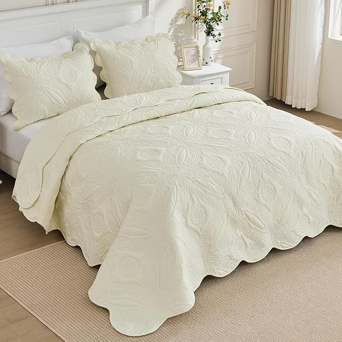 Smart Kingnex Oversized King Bedspreads 128x120 for Extra Wide Tall King or Cal King Bed Ultrasonic Quilted Coverlet Set 3 Piece Include 1 Quilt 2 Pillowcases Cream Quality