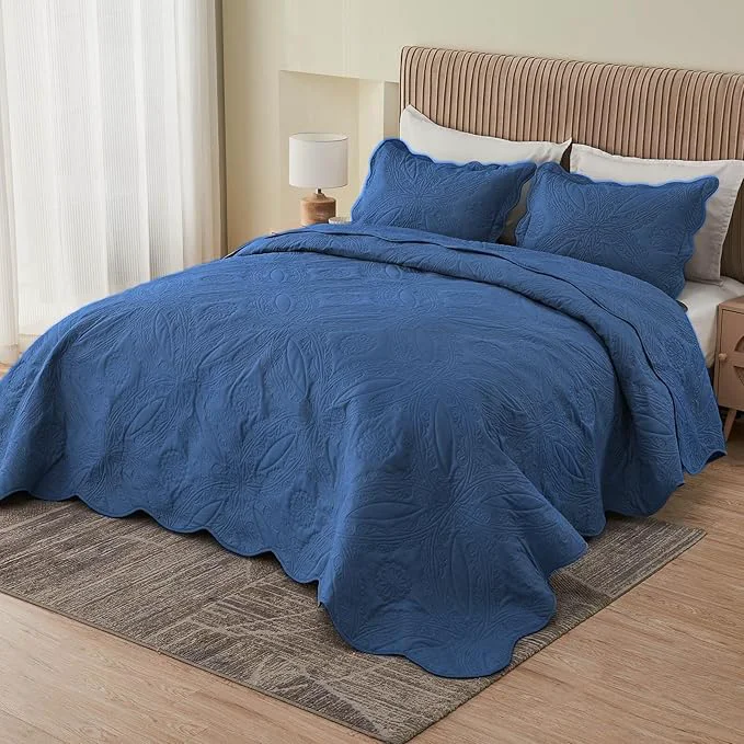 First-Class Kingnex Oversized King Bedspreads 128x120 for Extra Wide Tall King or Cal King Bed Ultrasonic Quilted Coverlet Set 3 Piece Include 1 Quilt 2 Pillowcases Navy Casual