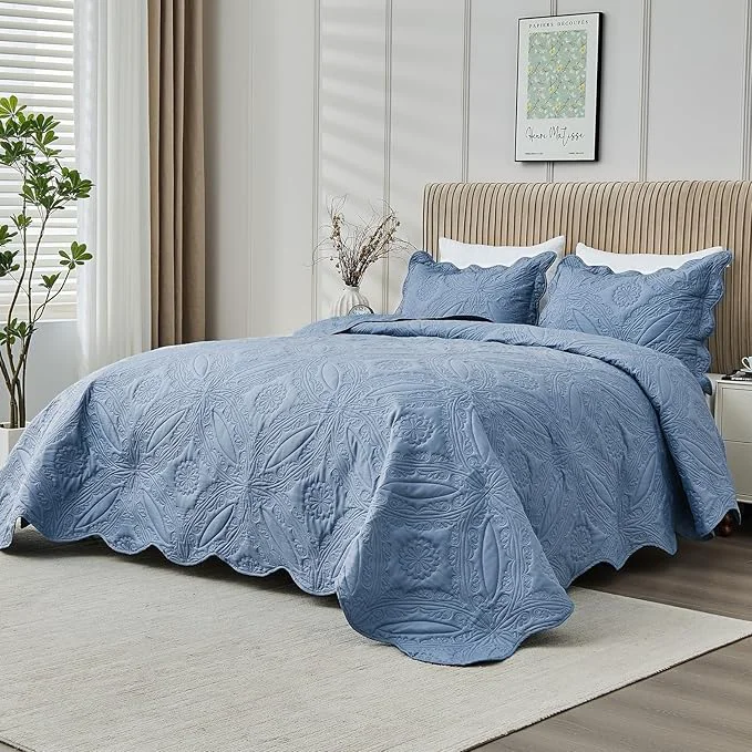 Fine Crafted Kingnex Oversized King Bedspreads 128x120 for Extra Wide Tall King or Cal King Bed Ultrasonic Quilted Coverlet Set 3 Piece Include 1 Quilt 2 Pillowcases Faded Denim Soft