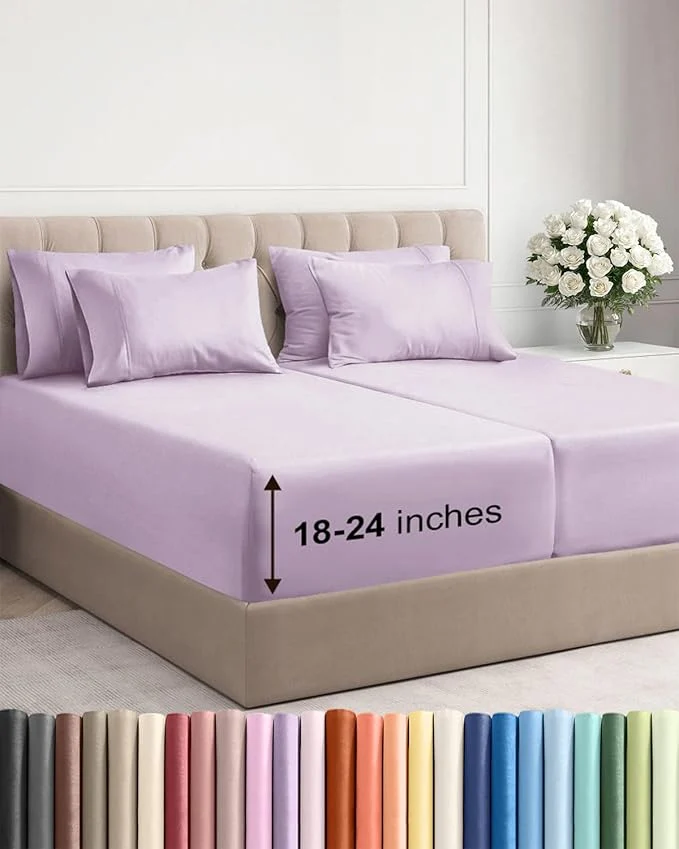 Premium Material Extra Deep Split King Sheet Set - 7 Piece Breathable and Cooling Sheets - Hotel Luxury Bedding for Women Men Kids amp Teens - Secure Fit - Soft and Wrinkle - Extra Deep Pockets - Light Lavender Safe