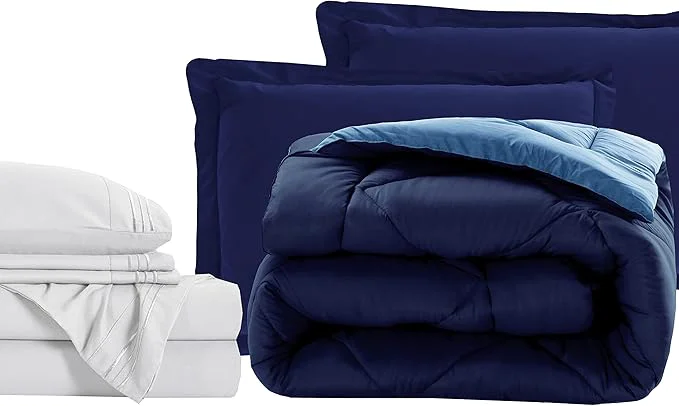 Top-Quality Elegant Comfort 7-Piece Twin Size Bed-in-a-Bag - Luxury 1500 Thread Count Comforter amp Sheet Set Super Cozy Wrinkle and Stain Resistant Navy Aqua Sophisticated