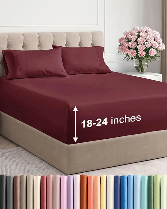 Casual Extra Deep Twin Sheet Set - 4 Piece Breathable and Cooling Sheets - Hotel Luxury Bedding for Women Men Kids amp Teens - Easy amp Secure Fit - Soft Wrinkle and Comfy - Extra Deep Pockets - Burgundy Artisan