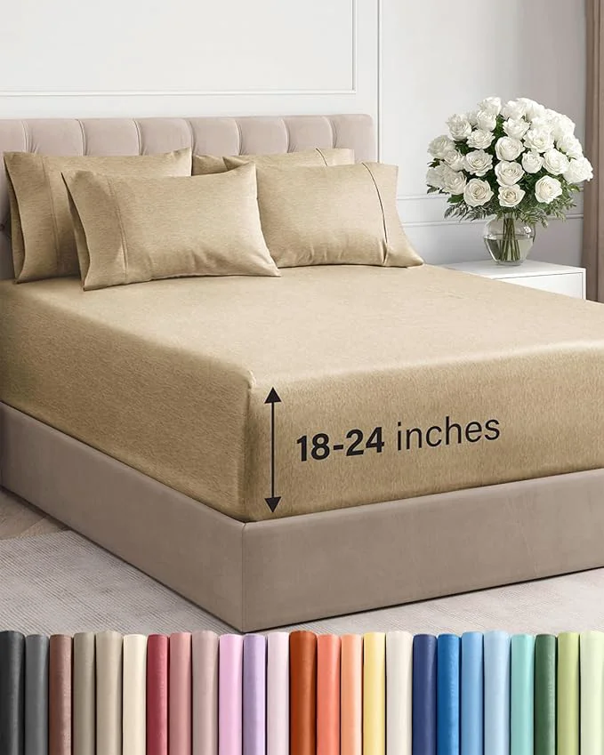 Superior Extra Deep Cal King Sheet Set - 6 Piece Breathable and Cooling Sheets - Hotel Luxury Bedding for Women Men Kids amp Teens - Easy Secure Fit - Soft amp Wrinkle - Extra Deep Pockets - Heathered Tan Flexible