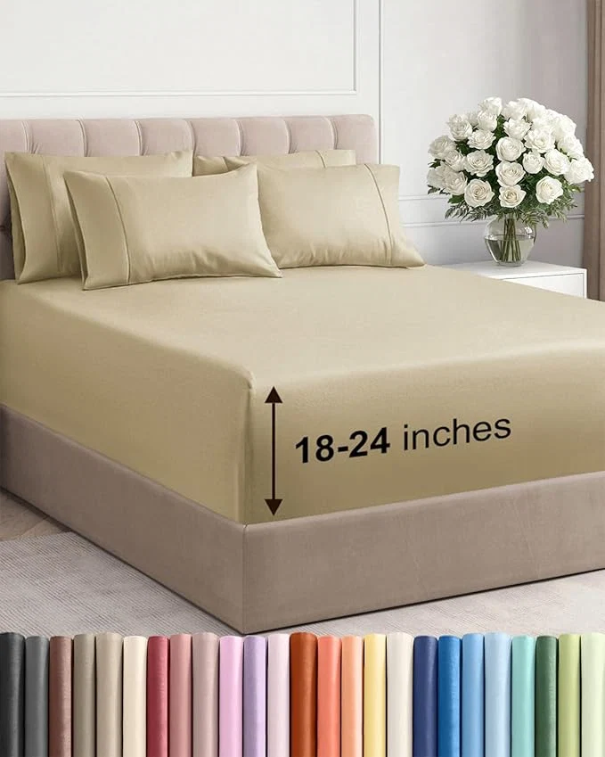 Professional Extra Deep Cal King Sheet Set - 6 Piece Breathable and Cooling Sheets - Hotel Luxury Bedding for Women Men Kids amp Teens - Easy Secure Fit - Soft Wrinkle and Comfy - Extra Deep Pockets - Beige Efficient