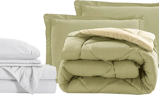 Practical Elegant Comfort 7-Piece Bed-in-a-Bag - Luxury 1500 Thread Count Cozy Comforter amp Sheet Set Wrinkle and Stain Resistant Split King Size Sage Cream Recyclable