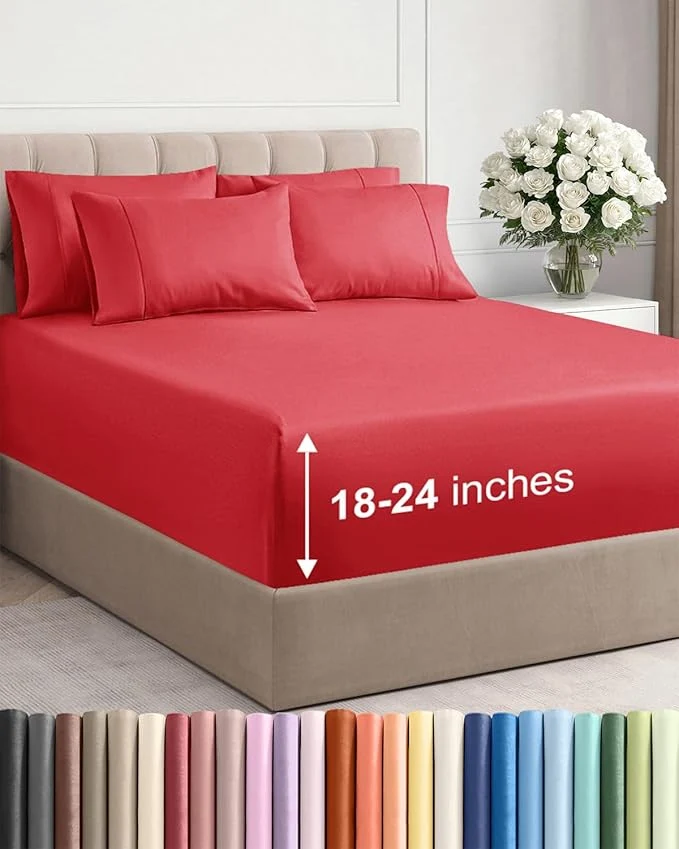 Pure Extra Deep King Sheet Set - 6 Piece Breathable and Cooling Sheets - Hotel Luxury Bedding for Women Men Kids amp Teens - Easy amp Secure Fit - Soft Wrinkle and Comfy with Extra Deep Pockets - Red First-Class