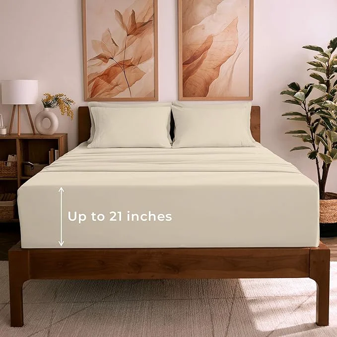 Relaxed Mellanni Queen Sheet Set - 6-Piece Iconic Collection Bedding Including 4 Pillowcases 21-Inch Extra Deep Pocket Easy Care Ultra Soft Cooling Sheets Brushed Microfiber - Beige World-Class