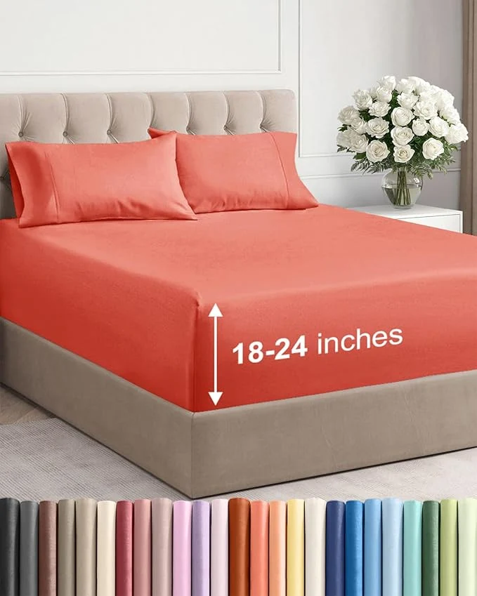 Exceptional Extra Deep Twin XL Sheet Set - 4 Piece Breathable and Cooling Sheets - Hotel Luxury Bedding for Women Men Kids amp Teens - Easy amp Secure Fit - Soft Wrinkle and Comfy - Extra Deep Pockets - Coral Efficient