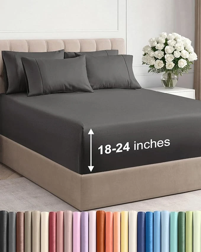 Quality Extra Deep Cal King Sheet Set - 6 Piece Breathable and Cooling Sheets - Hotel Luxury Bedding for Women Men Kids amp Teens - Easy amp Secure Fit - Soft and Wrinkle - Extra Deep Pockets - Charcoal Original