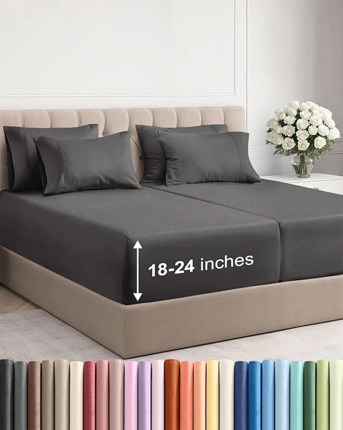 Effective Extra Deep Split King Sheet Set - 7 Piece Breathable and Cooling Sheets - Hotel Luxury Bedding for Women Men Kids amp Teens - Easy amp Secure Fit - Soft and Wrinkle - Extra Deep Pockets - Charcoal Safe