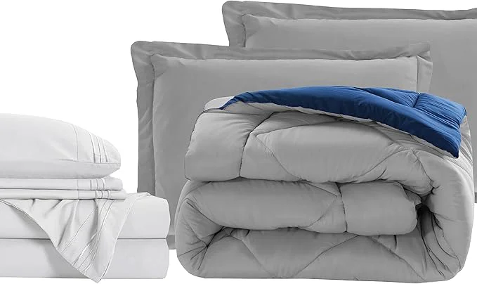 Reusable Elegant Comfort 7-Piece Bed-in-a-Bag Comforter amp Sheet Set- Luxury 1500 Thread Count 7-Piece Split King Size Bed-in-a-Bag Cozy Bed Sheets and Comforter Set Wrinkle and Stain Resistant Silver Navy Official
