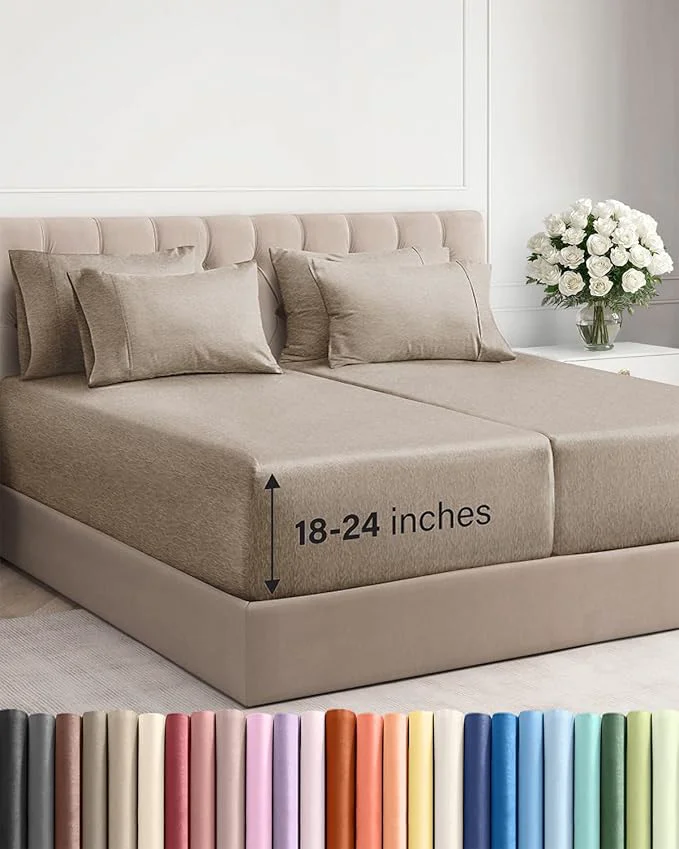 Outstanding Extra Deep Split King Sheet Set - 7 Piece Breathable and Cooling Sheets - Hotel Luxury Bedding for Women Men Kids amp Teens - Secure Fit - Soft and Wrinkle - Extra Deep Pockets - Heathered Beige Contemporary