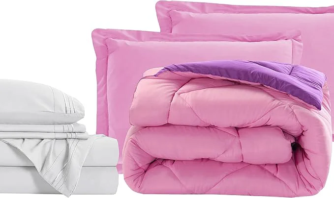 Effective Elegant Comfort 7-Piece Twin Size Bed-in-a-Bag - Luxury 1500 Thread Count Comforter amp Sheet Set Super Cozy Wrinkle and Stain Resistant Pink Purple First-Class