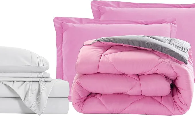 Powerful Elegant Comfort 7-Piece Queen Size Bed-in-a-Bag - Luxury 1500 Thread Count Comforter amp Sheet Set Super Cozy Wrinkle and Stain Resistant Pink Gray Practical