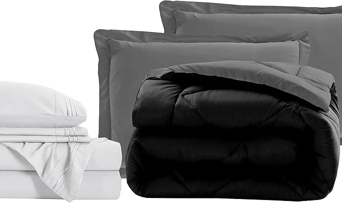 Traditional Elegant Comfort 7-Piece Twin XL Size Bed-in-a-Bag - Luxury 1500 Thread Count Comforter amp Sheet Set Super Cozy Wrinkle and Stain Resistant Black Gray Superior