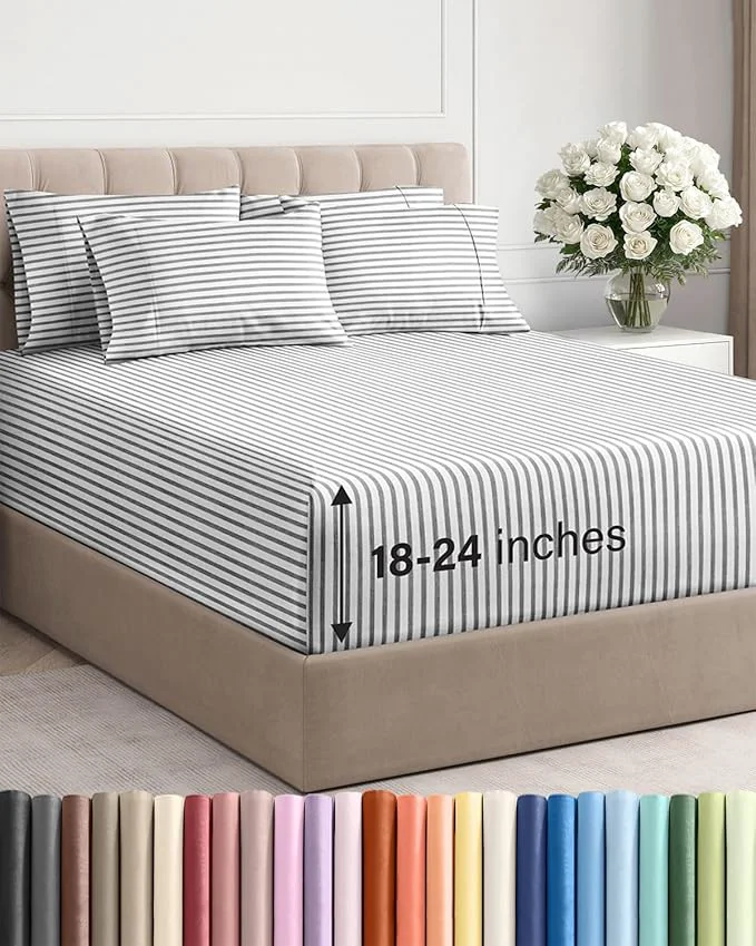 Relaxed Extra Deep King Sheet Set - 6 Piece Breathable and Cooling Sheets - Hotel Luxury Bedding for Women Men Kids amp Teens - Easy amp Secure Fit - Soft and Wrinkle - Extra Deep Pockets - Grey Stripes Refined