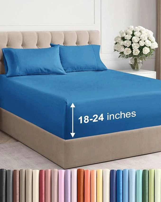 Traditional Extra Deep Twin Sheet Set - 4 Piece Breathable and Cooling Sheets - Hotel Luxury Bedding for Women Men Kids amp Teens - Easy amp Secure Fit - Soft Wrinkle amp Comfy - Extra Deep Pockets - Denim Blue Smart