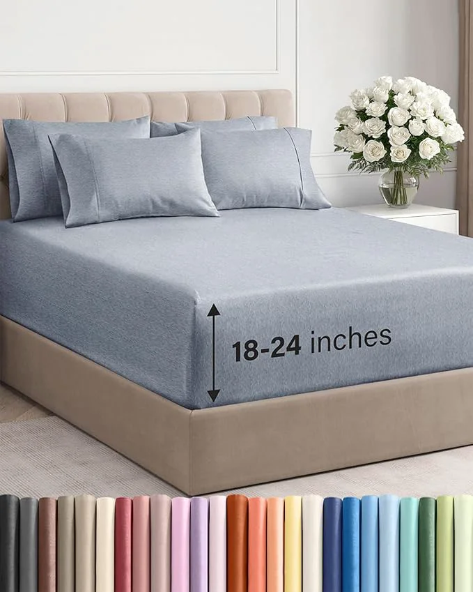 Recyclable Extra Deep King Sheet Set - 6 Piece Breathable and Cooling Sheets - Hotel Luxury Bedding for Women Men Kids amp Teens - Easy amp Secure Fit - Soft and Wrinkle - Extra Deep Pockets - Heathered Blue First-Class