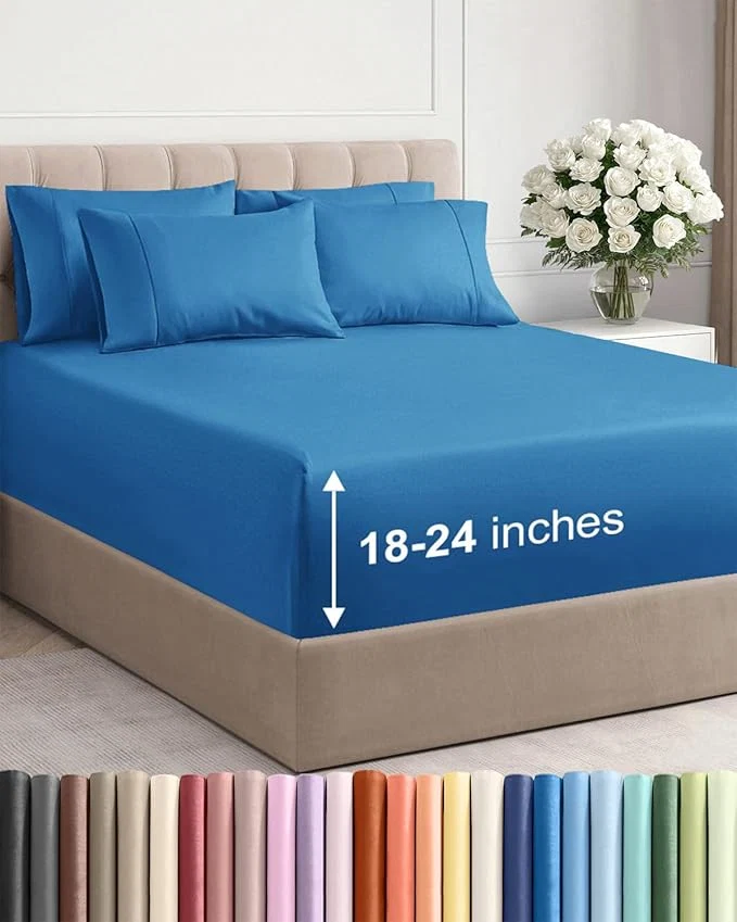 Fine Crafted Extra Deep Queen Sheet Set - 6 Piece Breathable and Cooling Sheets - Hotel Luxury Bedding for Women Men Kids amp Teens - Easy Secure Fit - Soft Wrinkle amp Comfy - Extra Deep Pockets - Denim Blue Genuine