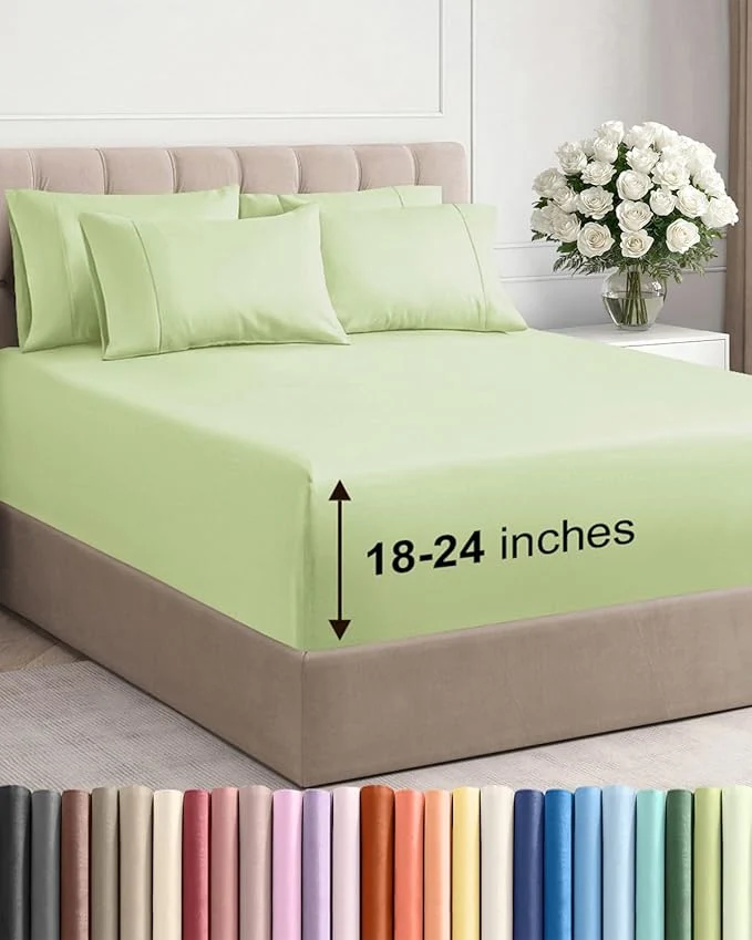 Contemporary Extra Deep Full Sheet Set - 6 Piece Breathable and Cooling Sheets - Hotel Luxury Bedding for Women Men Kids amp Teens - Easy amp Secure Fit - Soft Wrinkle amp Comfy - Extra Deep Pockets - Light Sage Smart