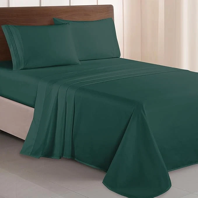Specialty Elegant Comfort Luxurious 1500 Premium Hotel Quality Microfiber Three Line Embroidered Softest 4-Piece Bed Sheet Set Wrinkle and Fade Resistant Full Hunter Green Versatile