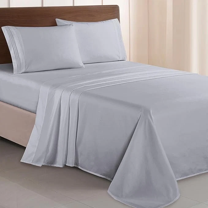 Powerful Elegant Comfort Luxurious 1500 Premium Hotel Quality Microfiber Three Line Embroidered Softest 4-Piece Bed Sheet Set Wrinkle and Fade Resistant King Silver-Light Grey Prestigious
