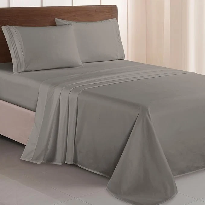 Traditional Elegant Comfort Luxurious 1500 Premium Hotel Quality Microfiber Three Line Embroidered Softest 4-Piece Bed Sheet Set Wrinkle and Fade Resistant Full Gray Breathable