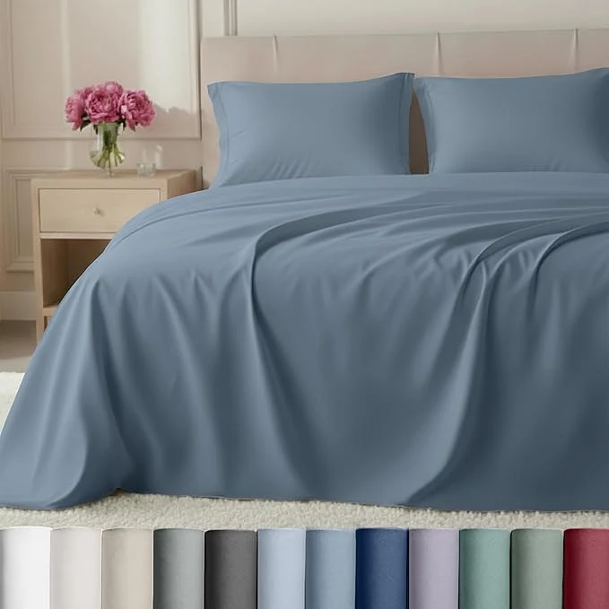 Natural California Design Den Luxury Cotton Sateen - Buttery Soft 800 Thread Count King Bed Sheet Set Durable Deep Pocket Bedding Blue Elite