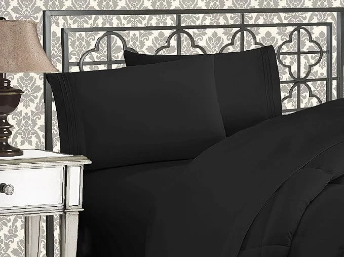 Solid Elegant Comfort Luxurious 1500 Premium Hotel Quality Microfiber Three Line Embroidered Softest 4-Piece Bed Sheet Set Wrinkle and Fade Resistant California King Black Fast