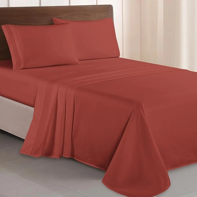Fine Elegant Comfort Luxurious 1500 Premium Hotel Quality Microfiber Three Line Embroidered Softest 4-Piece Bed Sheet Set Wrinkle and Fade Resistant Twin Twin XL Rust Elite