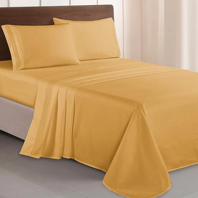 Expertly Made Elegant Comfort Luxurious 1500 Premium Hotel Quality Microfiber Three Line Embroidered Softest 4-Piece Bed Sheet Set Wrinkle and Fade Resistant Full Camel-Gold Trusted