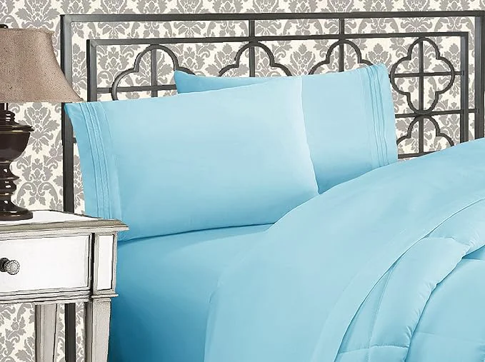 Green Elegant Comfort Luxurious 1500 Premium Hotel Quality Microfiber Three Line Embroidered Softest 4-Piece Bed Sheet Set Wrinkle and Fade Resistant California King Aqua Durable