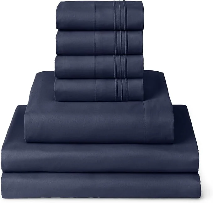 Crafted Mellanni Split King Sheet Set - 7-Piece Iconic Collection Bedding Including 4 Pillowcases 16-Inch Deep Pocket Easy Care Extra Soft Cooling Sheets Brushed Microfiber - Navy Blue Relaxed